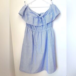 Eloquii Off the Shoulder Seersucker Dress Women's 18 Ruffle Overlay Blue White